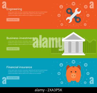 Website Headers or Promotion Banners Templates and Flat Icons Design. Engineering tools, Business investment, financial isurance. Vector Illustration. Stock Vector