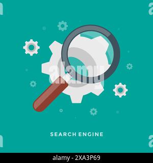 Flat design vector business illustration concept Search Engine Optimization magnifying glass and gears for website and promotion banners. Stock Vector