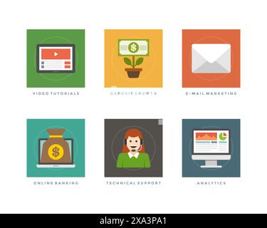Business flat design icons, Video Tutorials, Deposit Growth, E-mail Marketing, Online Banking, Technical Support, Analytics. Vector illustration for w Stock Vector