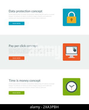 Website Headers or Promotion Banners Templates and Flat Icons Design. Data protection lock, Pay per click web site and hand finger pointer, Time is mo Stock Vector
