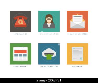 Business flat design icons, Telephone Customer Support, Online Education, E-mail Newsletter, Web Development, Cloud Computing, Agreement. Vector illus Stock Vector