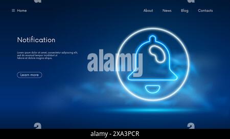 Bell notification social media element concept blogging, web button subscribe layout user Interface sign, futuristic technology with blue neon glow in Stock Vector