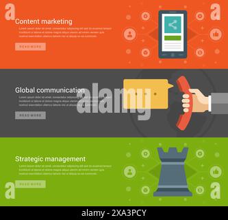 Website Headers or Promotion Banners Templates and Flat Icons Design. Content marketing smart phone, Global communication telephone, Business strategi Stock Vector