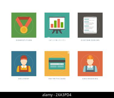Business flat design icons, Competition gold medal, Infographics, Custom coding, Delivery man, Pay with credit card, Engineering. Vector illustration Stock Vector