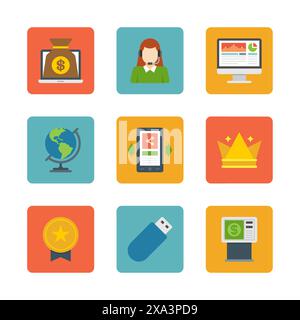 Flat design icons, Online Banking, Laptop Computer, Support Woman, Screen, Mobile Phone, Crown, Globe, ATM Machine, USB, Gold Medal . Vector business Stock Vector
