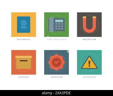 Business flat design icons, Documents passport, Support center telephone, Magnetism, Package box, Approved stamp, Attention sign. Vector illustration Stock Vector