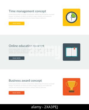 Website Headers or Promotion Banners Templates and Flat Icons Design. Time management clock, On-line education book, Business award gold trophy cup. V Stock Vector