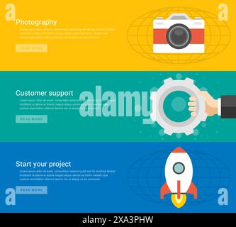 Website Headers or Promotion Banners Templates and Flat Icons Design. Photography photo camera, Customer support, Startup project. Vector Illustration Stock Vector