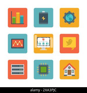 Flat design icons, Diagram Graph Statistics, Battery, Gear, Globe, Tablet Computer, Speech Bubble, House, Processor. Vector business symbols for websi Stock Vector