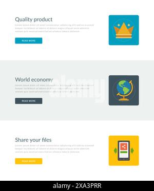 Website Headers or Promotion Banners Templates and Flat Icons Design. Quality product crown, World economy globe, Share files smart phone. Vector Illu Stock Vector