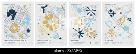 Futuristic retro vector color minimalistic Posters in pastel colors with 3d strange wireframes form graphic of geometrical shapes modern design inspir Stock Vector
