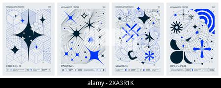 Futuristic retro vector color minimalistic Posters with 3d strange wireframes form graphic of geometrical shapes modern design inspired by brutalism a Stock Vector