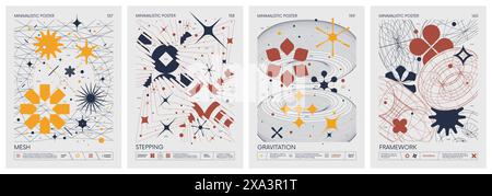 Futuristic retro vector color minimalistic Posters with 3d strange wireframes form graphic of geometrical shapes modern design inspired by brutalism a Stock Vector