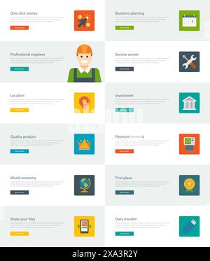 Website Headers or Promotion Banners Templates and Flat Icons Design. Business planning calendar, Service center tools, Investment building. Vector Il Stock Vector