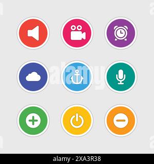 Material design style icons vector sign and symbols Volume, Cloud computing, Video camera, Clock, Anchor, Microphone, Power. Elements for website, web Stock Vector