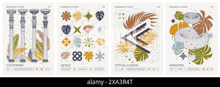 Modern geometric vector color Minimalistic Posters with simple shapes, and exotic leaves, tropical plants, Artwork with silhouette abstract graphic el Stock Vector