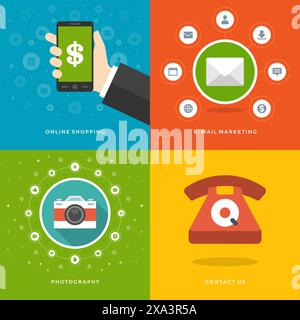 Website Promotion Banners Templates and Flat Icons Design. On-line shopping, E-mail marketing, Photography, Contact us. Vector Illustrations set. Stock Vector