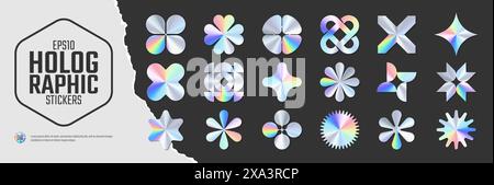 Iridescent color holographic stickers, set of quality hologram rainbow shiny emblems of various different shapes in y2k style, Vector illustration moc Stock Vector