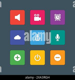 Material design style icons vector sign and symbols Volume, Cloud computing, Video camera, Clock, Anchor, Microphone, Power. Elements for website, web Stock Vector