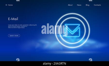 Electronic mail message concept, Webmail or mobile online marketing and business, newsletter subscription banner with blue neon glow letter icon in th Stock Vector
