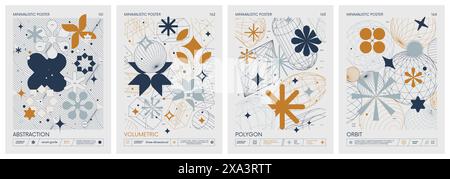 Futuristic retro vector color minimalistic Posters with 3d strange wireframes form graphic of geometrical shapes modern design inspired by brutalism a Stock Vector