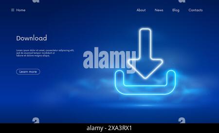 Download and Upload icon, digital hi tech innovation load symbol, futuristic technology with blue neon glow in the smoke, vector business background Stock Vector