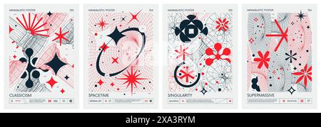 Futuristic retro vector color minimalistic Posters with 3d strange wireframes form graphic of geometrical shapes modern design inspired by brutalism a Stock Vector