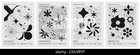 Futuristic retro vector minimalistic Posters with 3d strange wireframes form graphic of geometrical shapes modern design inspired by brutalism and sil Stock Vector