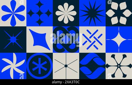 Abstract geometric aesthetics of brutalism design vector cover made with different figures and simple shapes, flat color vector pattern composition, u Stock Vector