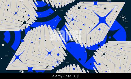 Abstract geometric background with 3d strange wireframes form graphic of geometrical shapes modern design, vector color Full HD composition in Y2k tre Stock Vector