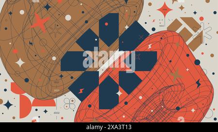 Abstract geometric background with 3d volume geometry wireframe shapes modern design, cyberpunk vector color Full HD composition in Y2k style futurist Stock Vector
