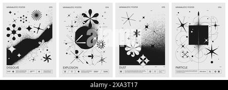Futuristic retro vector minimalistic Posters with geometric shapes dissolve into dust and strange wireframes graphic figures, modern design inspired b Stock Vector