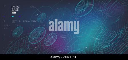 Database organization visualization analytics and statistics of digital information, database and cloud big data storage concept, vector wireframes 3d Stock Vector