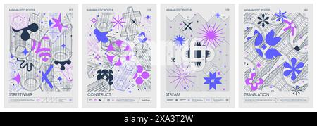 Futuristic retro vector color minimalistic Posters with 3d strange wireframes form graphic of geometrical shapes modern design inspired by brutalism a Stock Vector