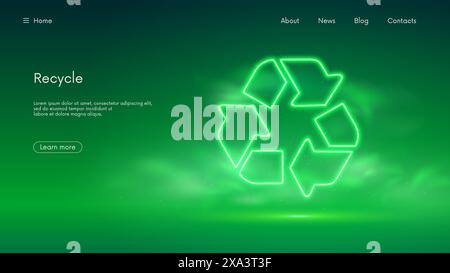 Glowing recycling icon, sorting and reuse eco lending concept, world recycling day sign, rotate circle symbol, futuristic technology with green neon g Stock Vector