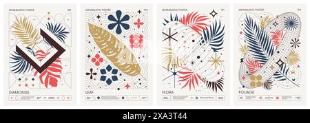 Modern geometric vector color Minimalistic Posters with simple shapes, and exotic leaves, tropical plants, Artwork with silhouette abstract graphic el Stock Vector