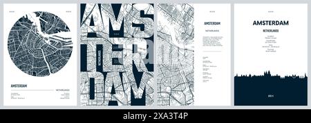 Set of travel posters with Amsterdam, detailed urban street plan city map, Silhouette city skyline, vector artwork Stock Vector