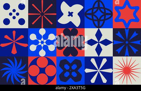 Abstract geometric vector minimalistic mosaic artwork with colorful graphic assets of geometrical elements and silhouette basic figures, color pattern Stock Vector