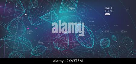 Sorting and analysis digital database, visualization of big data in the form of various wireframes 3d shapes, conceptual cyberspace of global network, Stock Vector