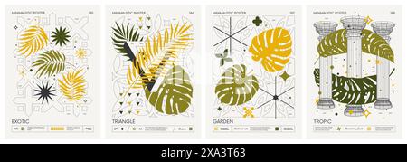Modern geometric vector color Minimalistic Posters with simple shapes, and exotic leaves, tropical plants, Artwork with silhouette abstract graphic el Stock Vector