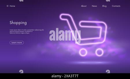 Online store banner with shopping cart icon, application and website concept, digital marketing landing page, futuristic technology with violet neon g Stock Vector