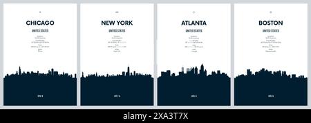 Travel vector set with city skylines New York, Chicago, Atlanta, Boston, Detailed city skylines minimalistic graphic artwork Stock Vector