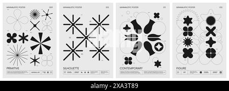 Retro futuristic vector minimalistic Posters with silhouette basic figures, extraordinary graphic elements of geometrical shapes composition, Modern m Stock Vector