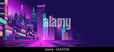 Night big city street with glowing blue and purple neon lights, perspective view, panoramic skyline of houses and skyscrapers, vector illuminated urba Stock Vector