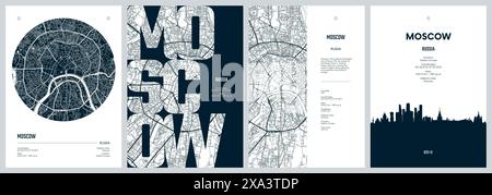 Set of travel posters with Moscow, detailed urban street plan city map, Silhouette city skyline, vector artwork Stock Vector
