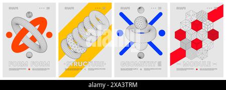 Strange extraordinary graphic assets wireframes of geometrical shapes, Anti-design minimalistic hipster colored digital collage, vector set posters in Stock Vector