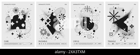 Futuristic retro vector minimalistic Posters with geometric shapes dissolve into dust and strange wireframes graphic figures, modern design inspired b Stock Vector