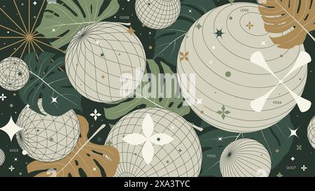 Abstract geometric background with 3d circle wireframe shapes and tropical leaves, Volumetric forms in the style of brutalism, vector color Full HD co Stock Vector