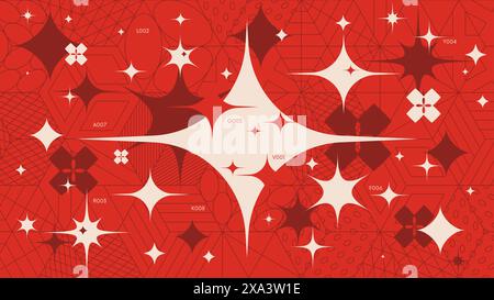 Abstract geometric background with 3d cube wireframes form graphic of geometrical shapes modern design and shine of stars, vector red Full HD composit Stock Vector