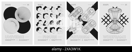 Strange extraordinary graphic assets wireframes of geometrical shapes and black geometric figures, Anti-design element vector set posters inspired by Stock Vector